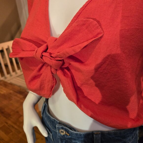 Red V-Neck cropped top blouse linen cotton size Large 12-14 - Picture 5 of 9